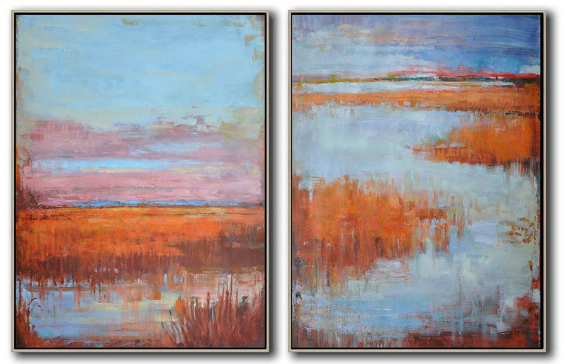 Abstract Painting Extra Large Canvas Art,Set Of 2 Abstract Landscape Painting On Canvas, Free Shipping Worldwide,Large Paintings For Living Room Blue,Pink,Orange,Red